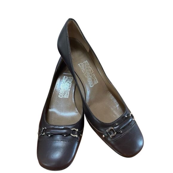 Salvatore Ferragamo Brown Leather Square Toe Pumps Heels Horse Bit Size 8.5 C US - Picture 12 of 12